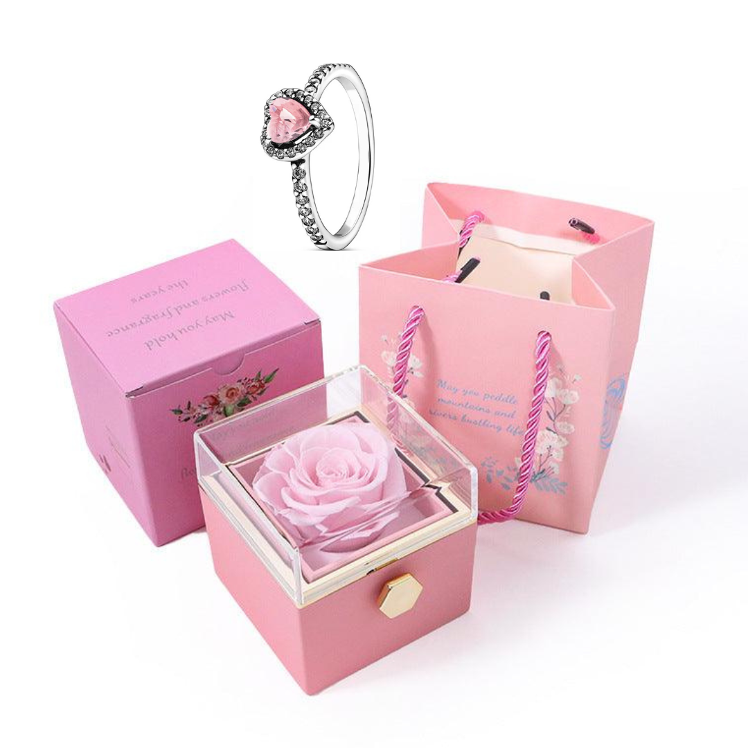 Kit Giratório com Rosa Eterna e Colar + Anel Solitário com Pedra