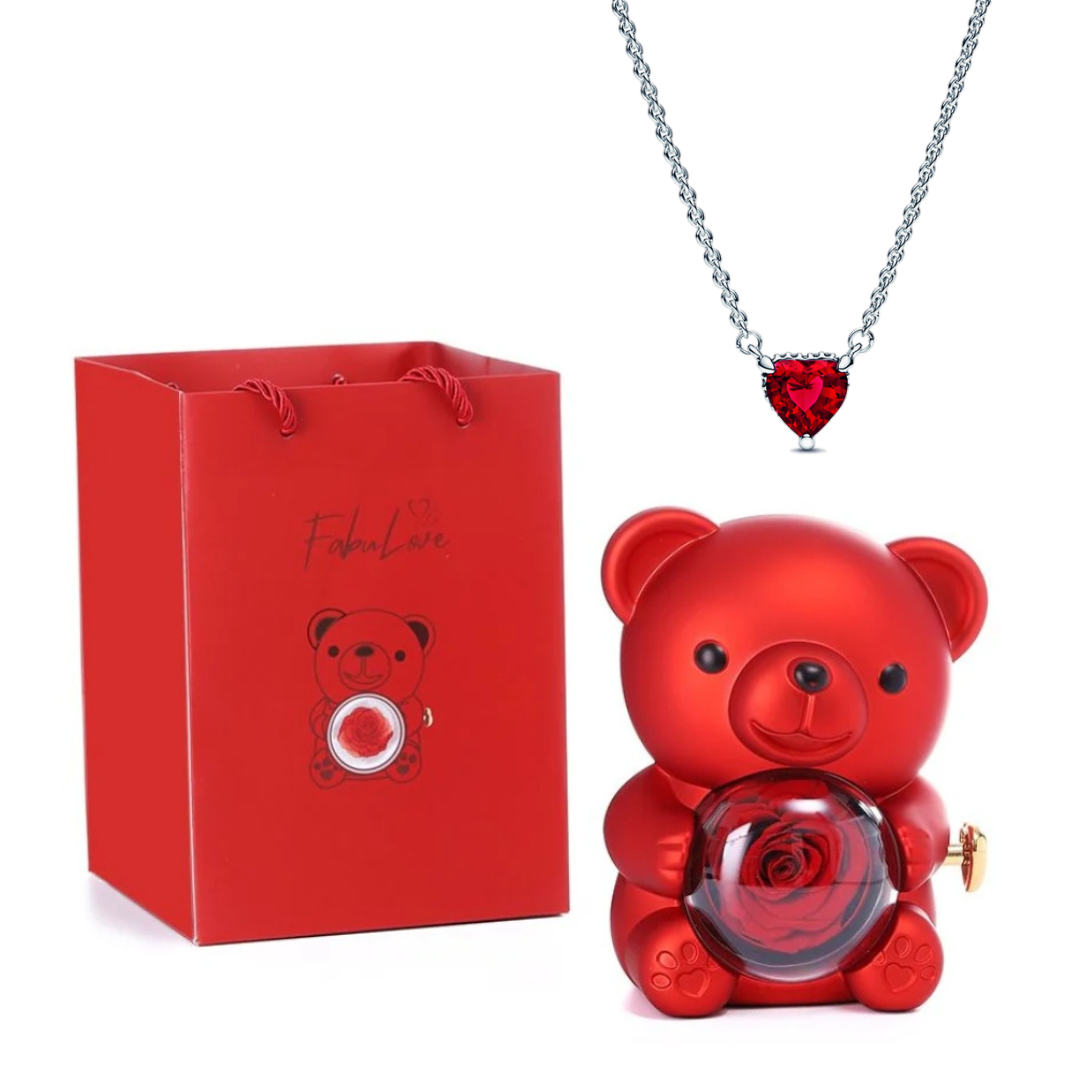 Eternal Bear - Kit Ursinho com Rosa Eterna e Colar Coração em Prata 925