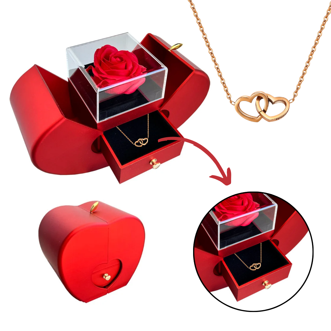 Kit Maçã com Rosa Eterna e Colar Amor Duplo Personalizado