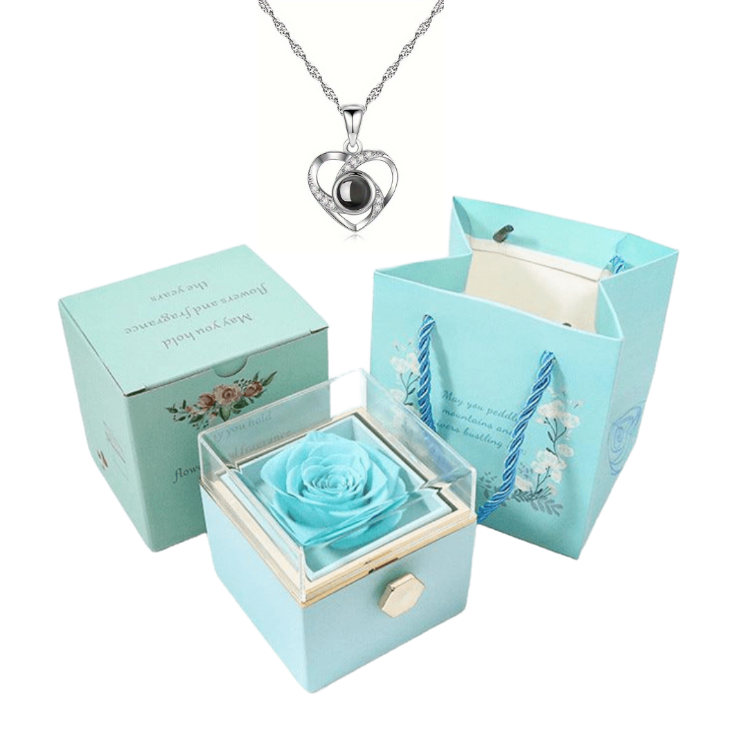 Kit Giratório com Rosa Eterna e Colar "Eu Te Amo" em 100 Idiomas