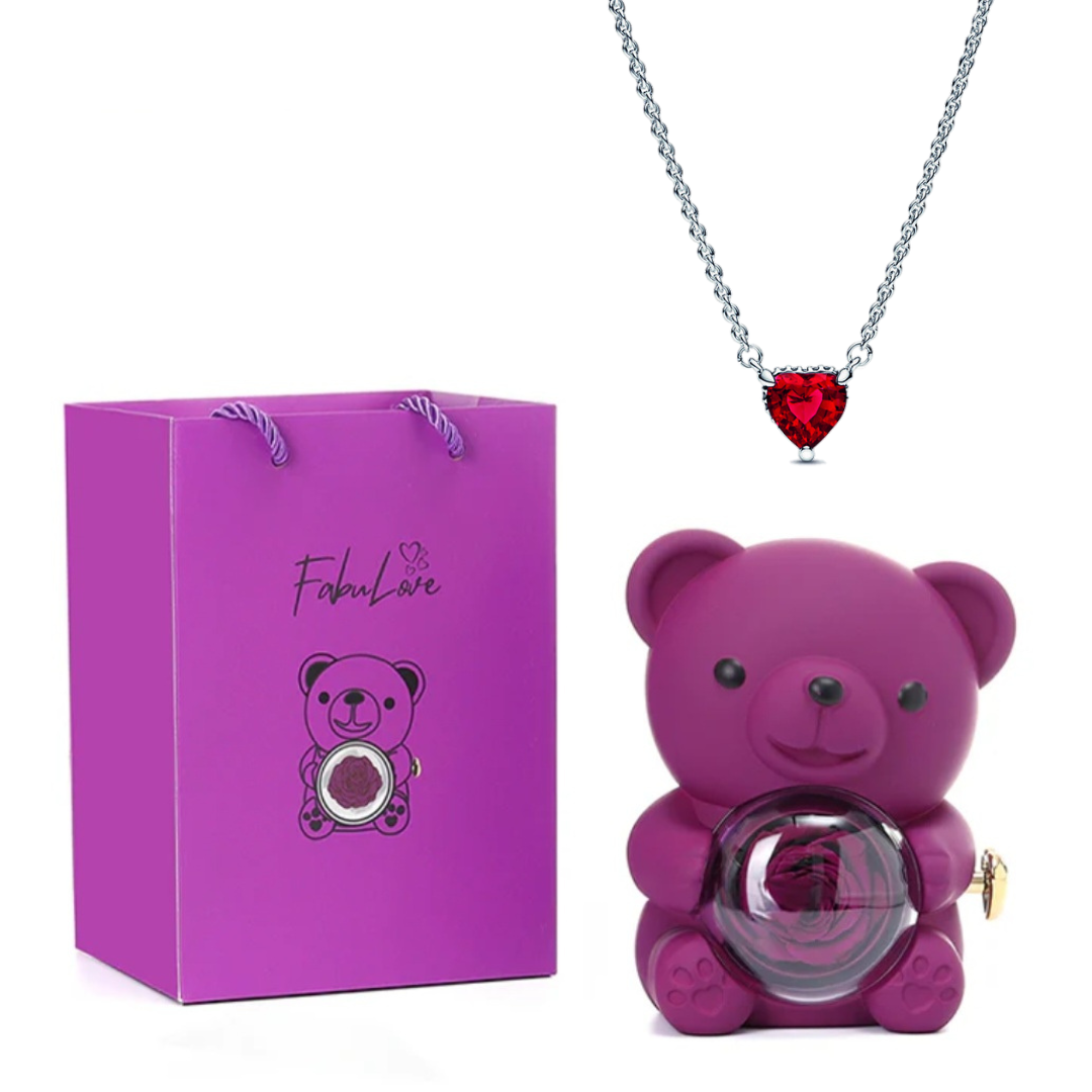 Eternal Bear - Kit Ursinho com Rosa Eterna e Colar Coração em Prata 925