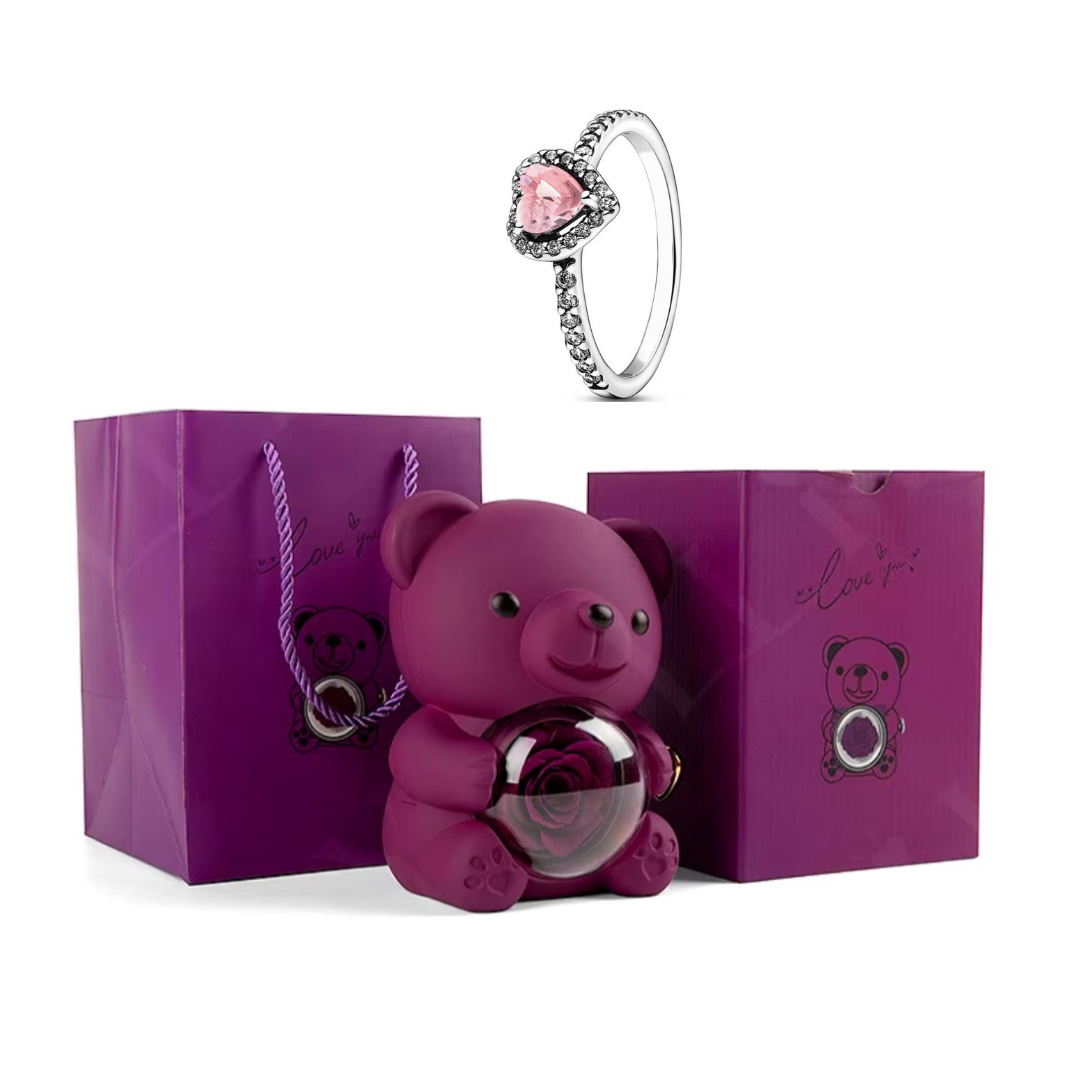 Ursinho Giratório com Rosa Eterna + Anel Solitário com Pedra
