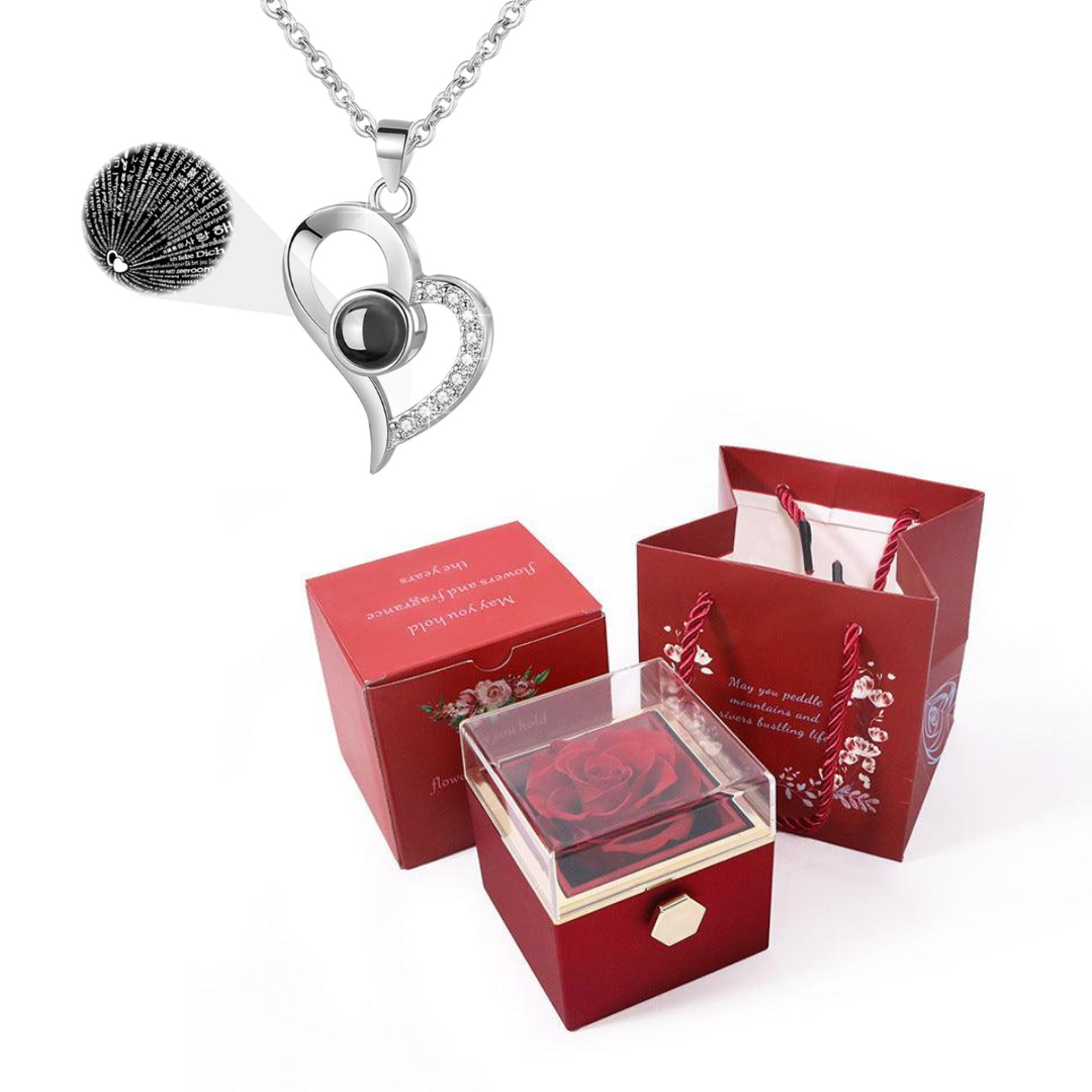 Kit Giratório com Rosa Eterna e Colar "Eu Te Amo" em 100 Idiomas
