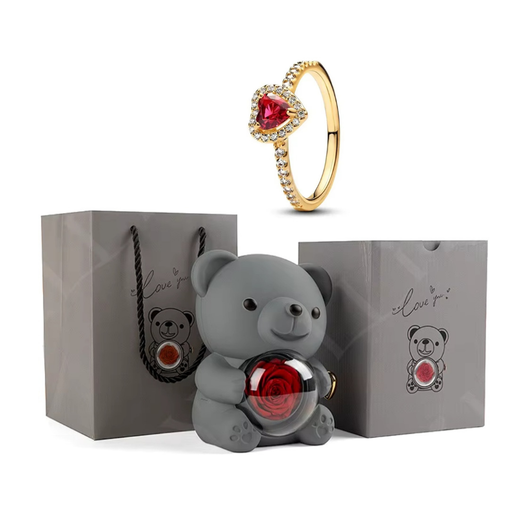 Ursinho Giratório com Rosa Eterna + Anel Solitário com Pedra