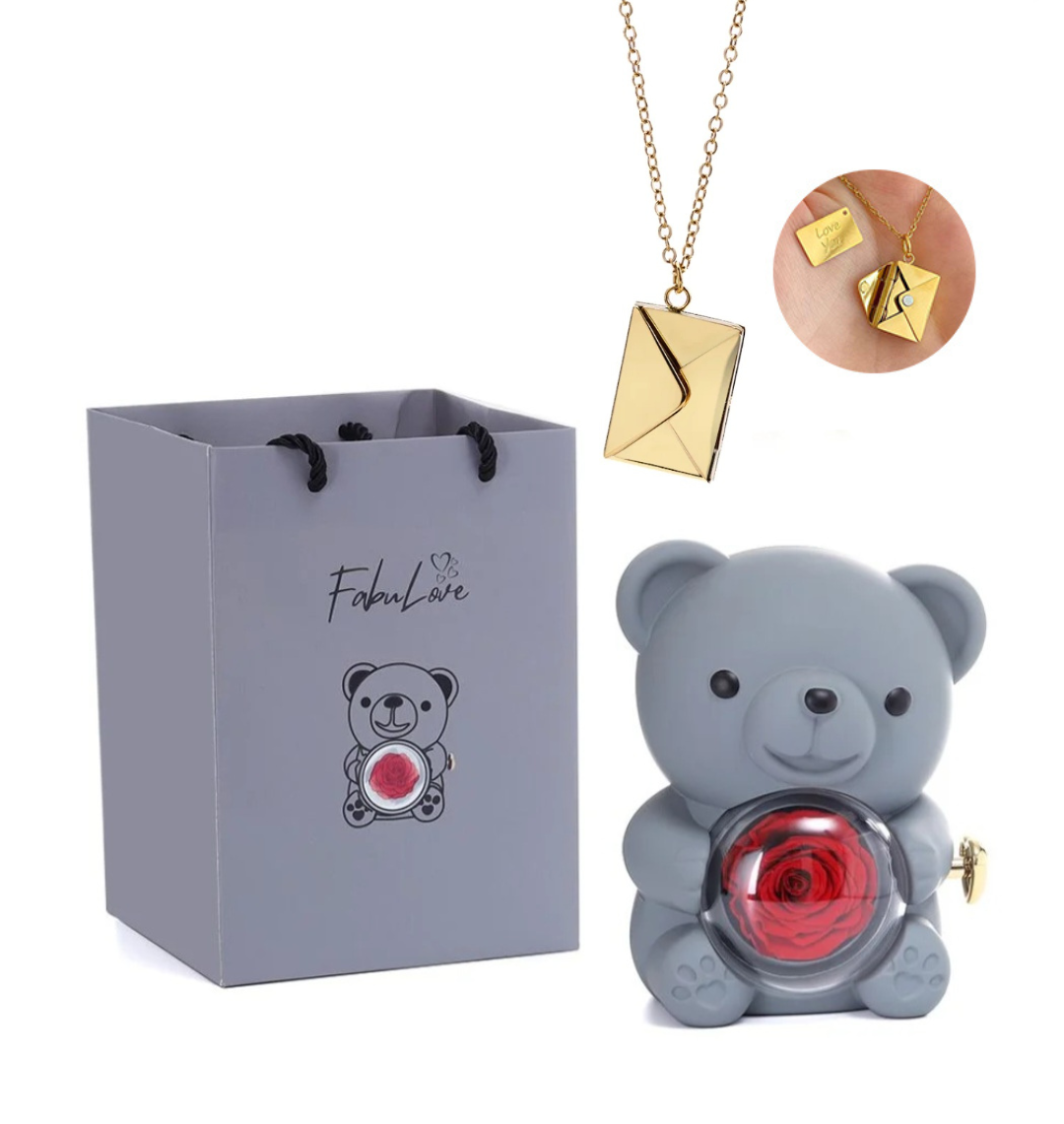 Ursinho Giratório com Rosa Eterna e Colar Envelope Personalizado