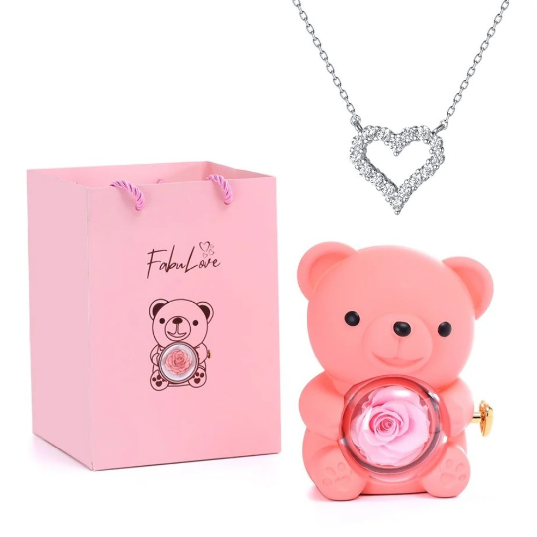 Ursinho Giratório com Rosa Eterna e Colar Coração com Pedras