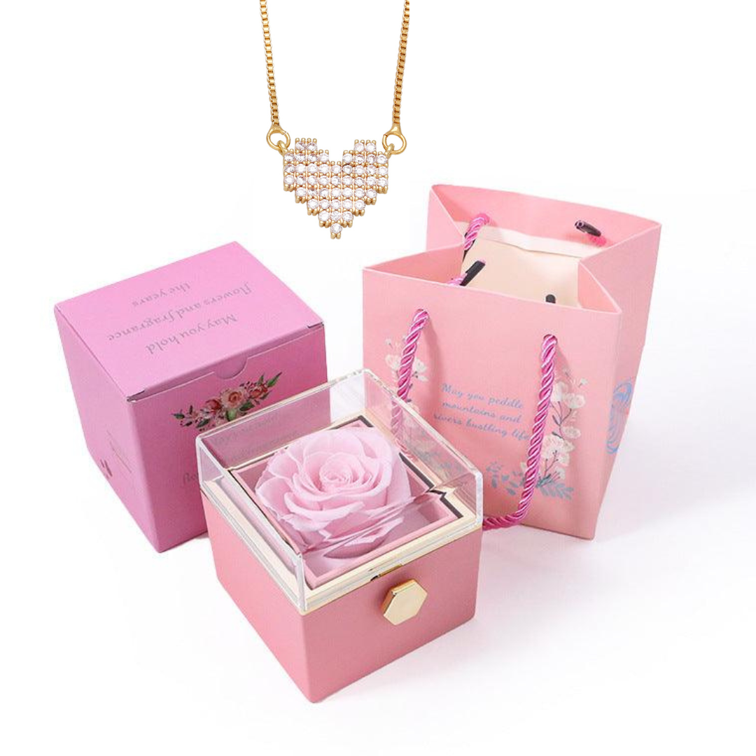 Kit Giratório com Rosa Eterna e Colar Coração com Pedras