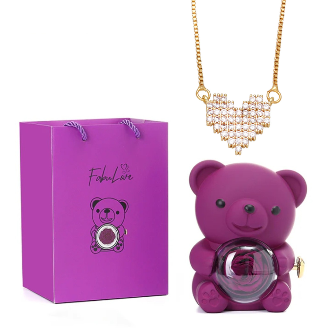 Ursinho Giratório com Rosa Eterna e Colar Coração Brilhante