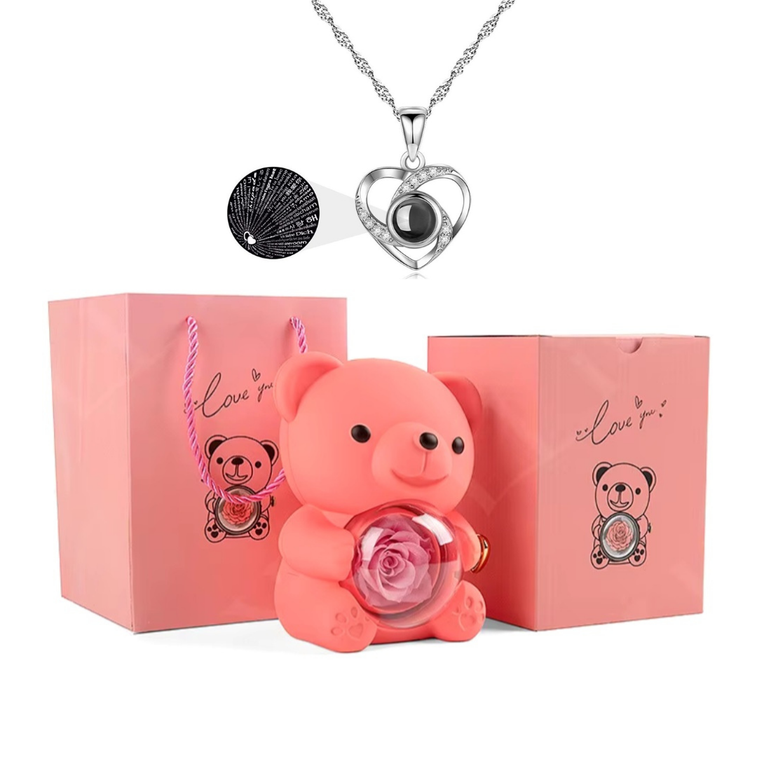 Ursinho Giratório com Rosa Eterna e Colar "Eu Te Amo" em 100 Idiomas