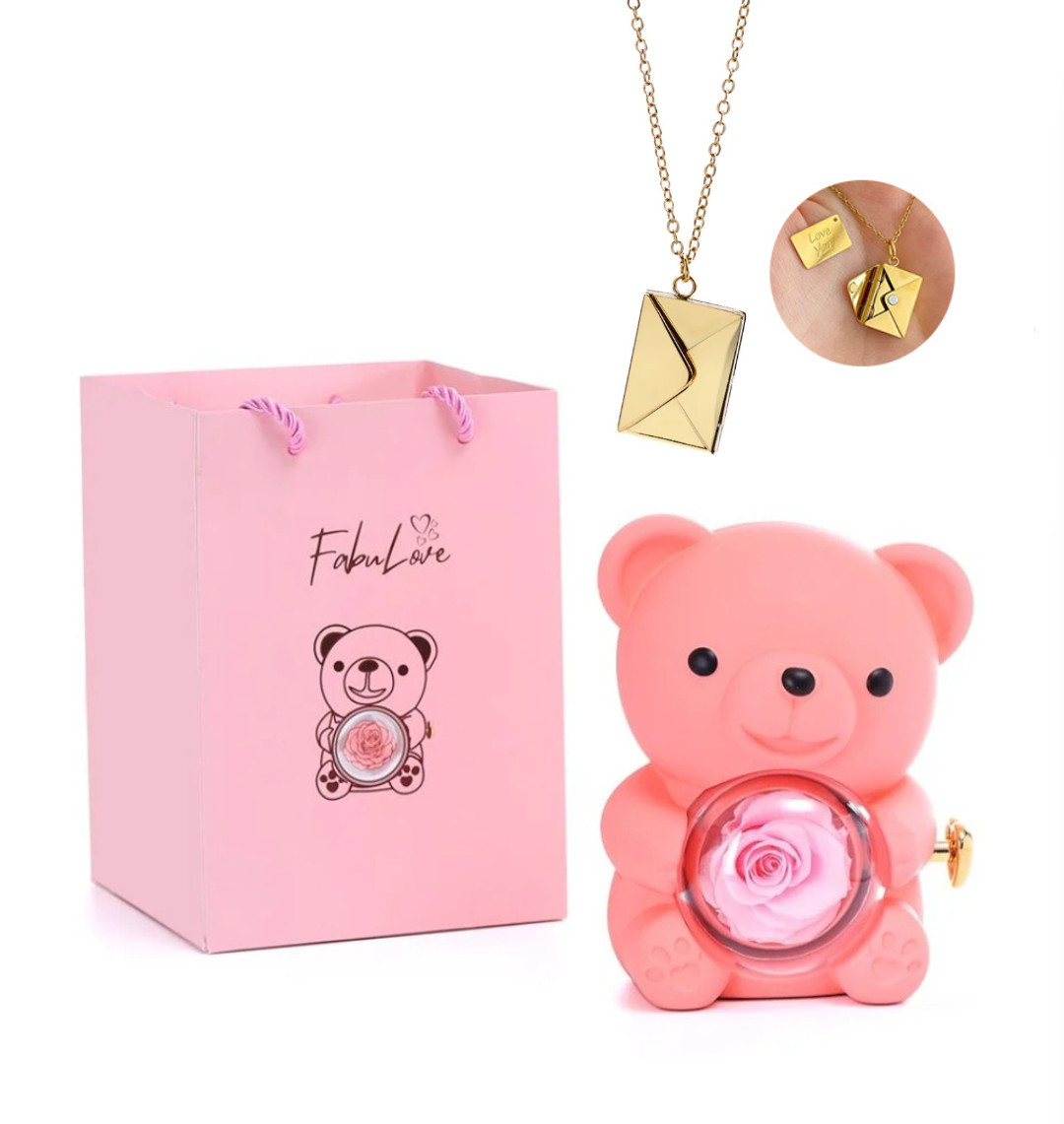 Ursinho Giratório com Rosa Eterna e Colar Envelope Personalizado