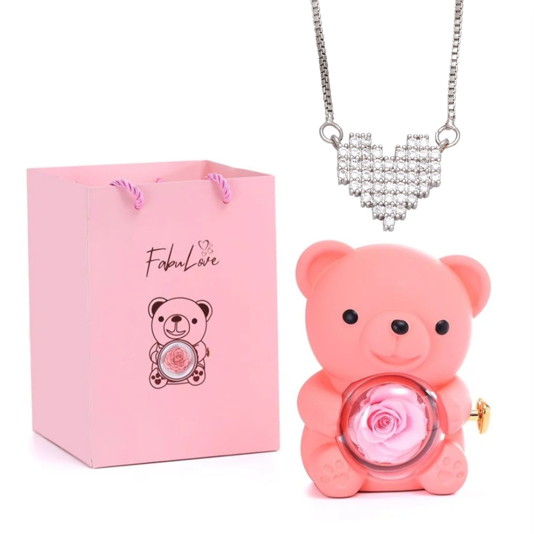 Ursinho Giratório com Rosa Eterna e Colar Coração Brilhante