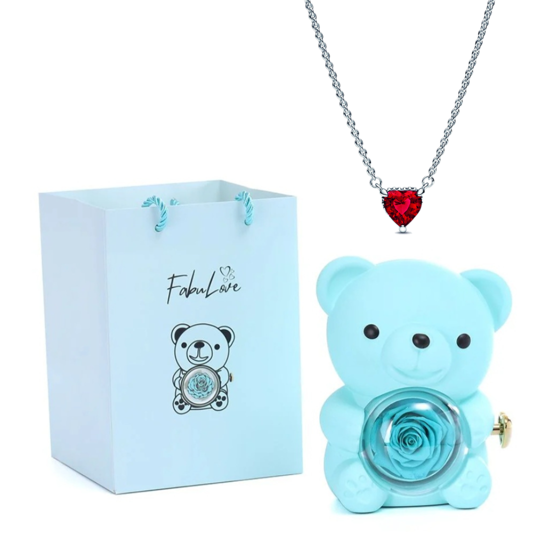Eternal Bear - Kit Ursinho com Rosa Eterna e Colar Coração em Prata 925