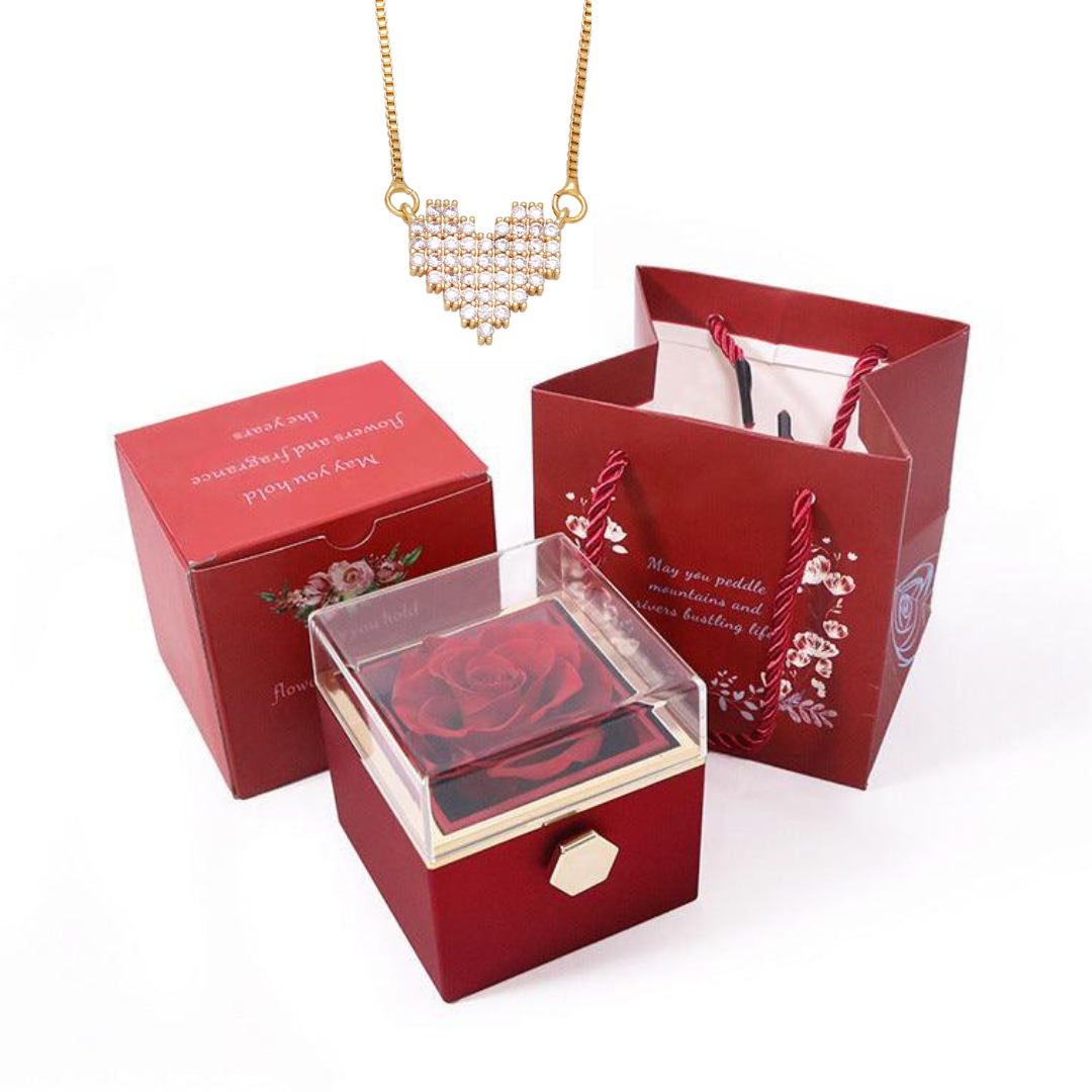Kit Giratório com Rosa Eterna e Colar Coração com Pedras