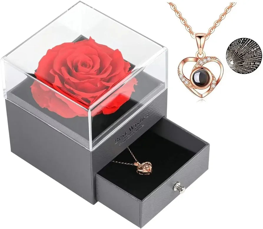 Kit Rosa Eterna com Colar "Eu Te Amo" em 100 Idiomas