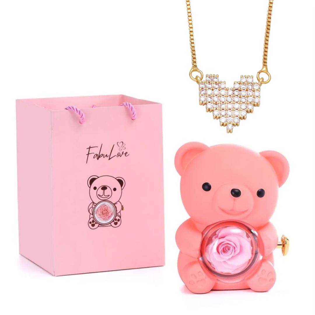 Ursinho Giratório com Rosa Eterna e Colar Coração Brilhante