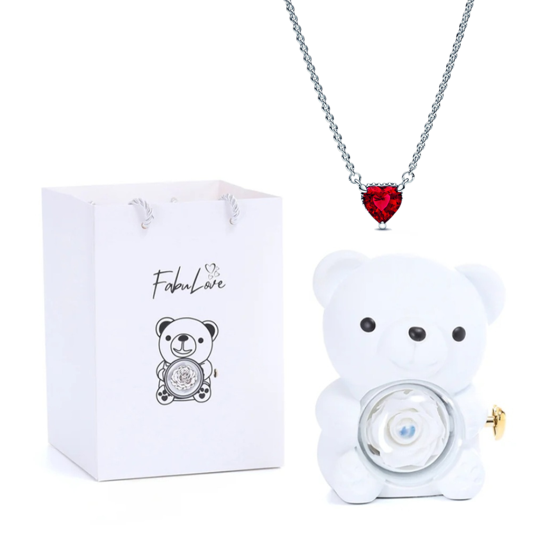 Eternal Bear - Kit Ursinho com Rosa Eterna e Colar Coração em Prata 925