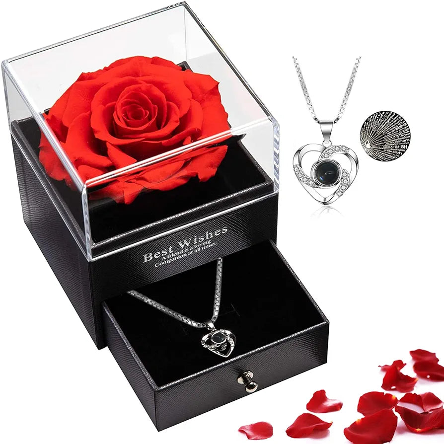 Kit Rosa Eterna com Colar "Eu Te Amo" em 100 Idiomas