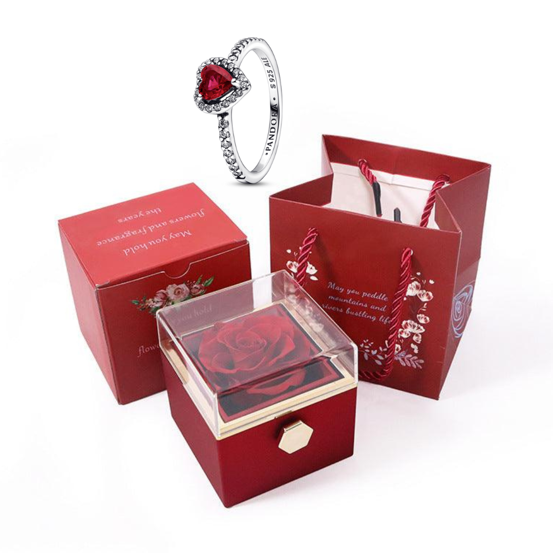 Kit Giratório com Rosa Eterna e Colar + Anel Solitário com Pedra