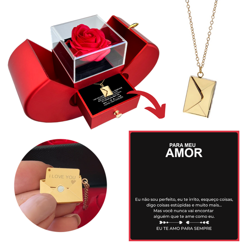 Kit Maçã com Rosa Eterna e Colar Envelope Personalizado