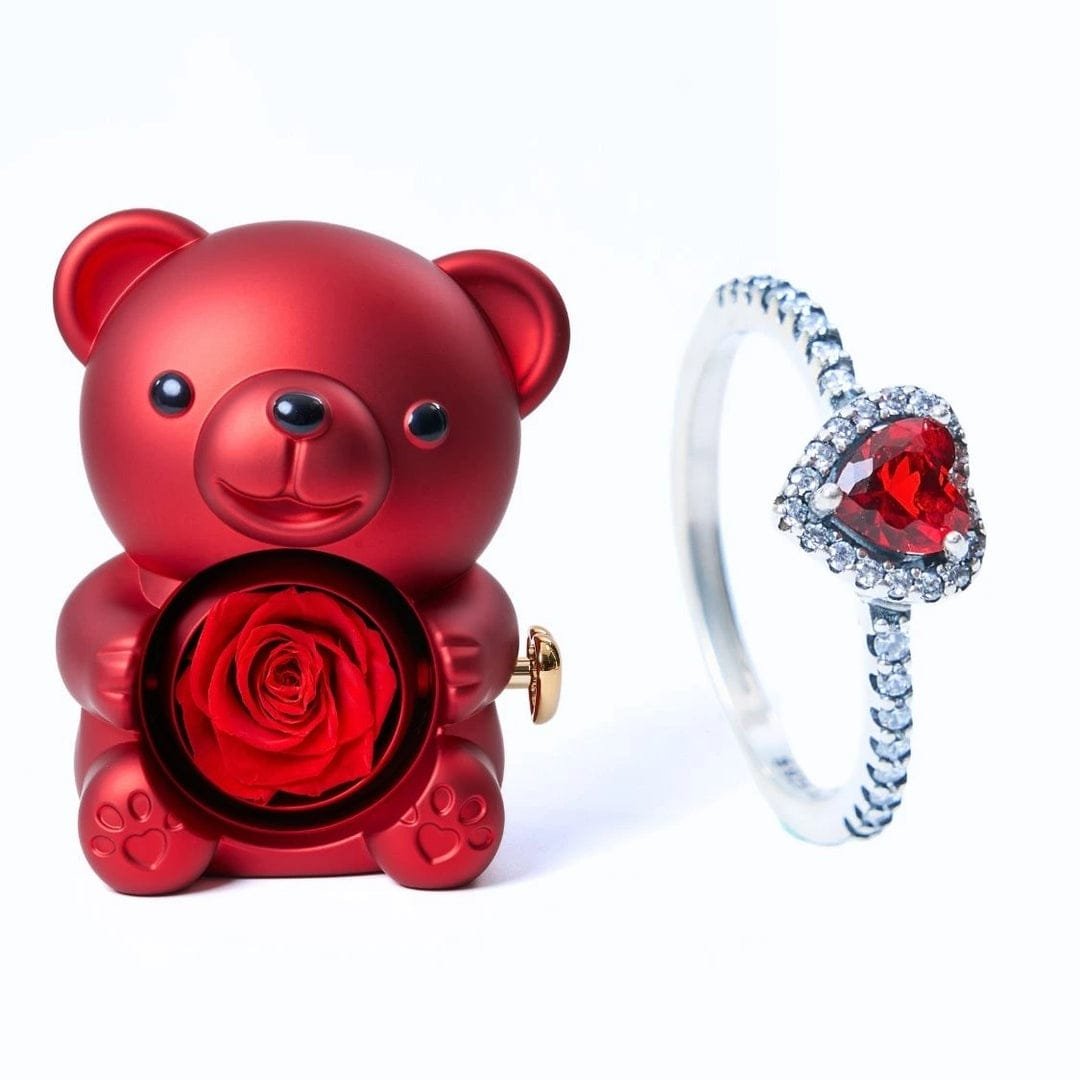 Ursinho Giratório com Rosa Eterna + Anel Solitário com Pedra