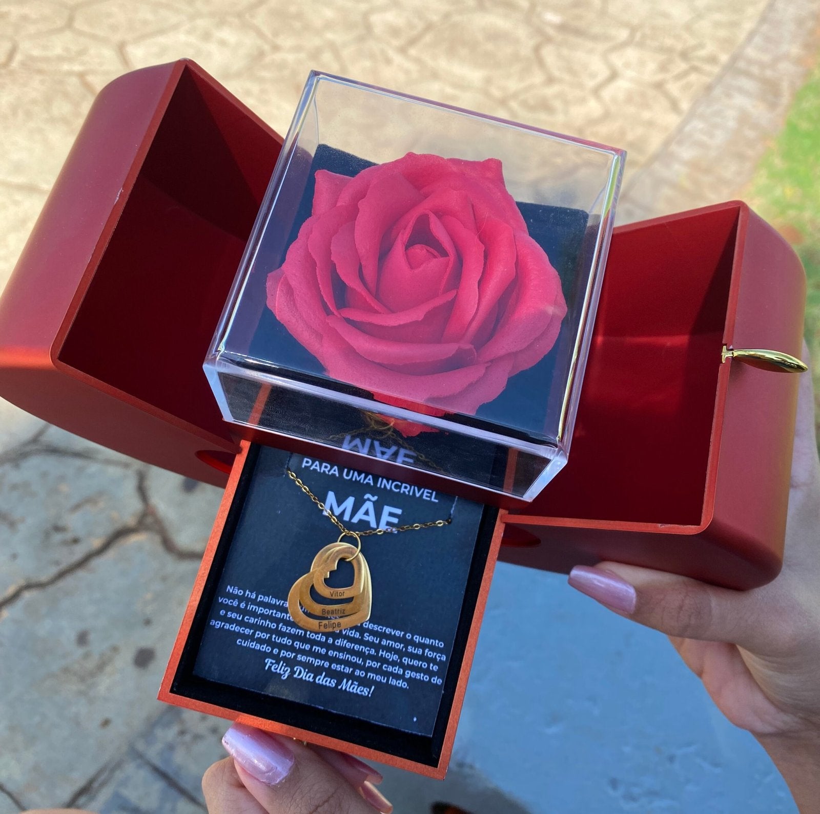 Kit Maçã com Rosa Eterna e Colar Amor Fraternal Personalizado com Nomes