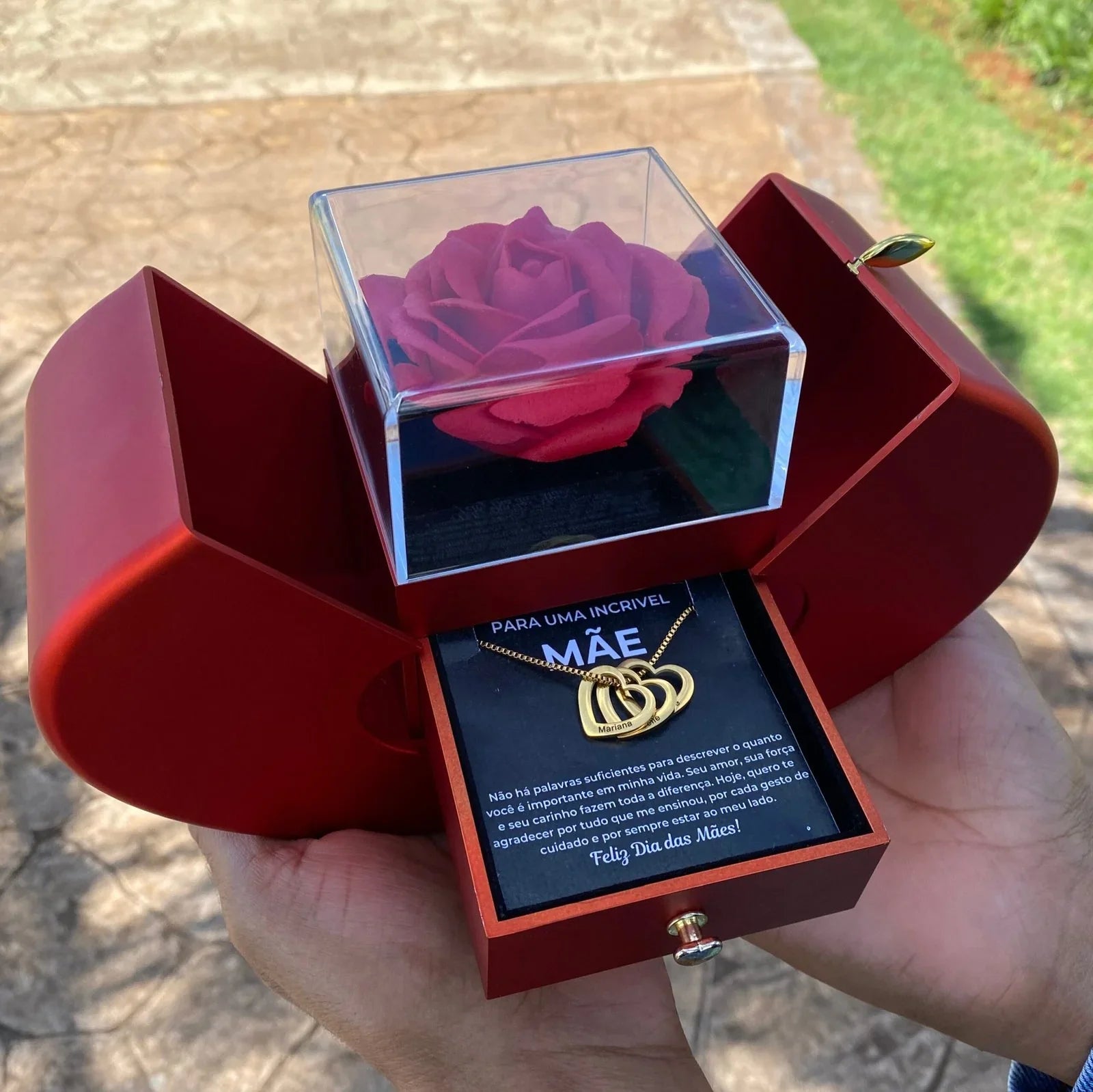 Kit Maçã com Rosa Eterna e Colar Coração de Mãe Personalizado com Nomes