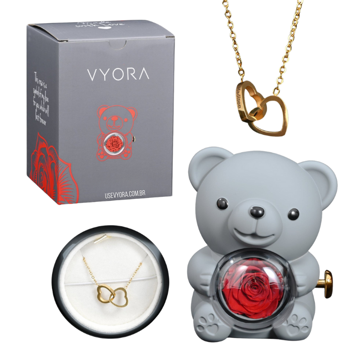 Eternal Rose – Kit Ursinho com Rosa Eterna e Colar Personalizado