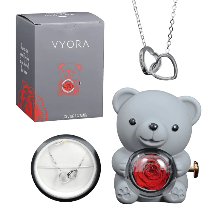 Eternal Rose – Kit Ursinho com Rosa Eterna e Colar Personalizado