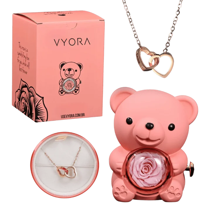 Eternal Rose – Kit Ursinho com Rosa Eterna e Colar Personalizado