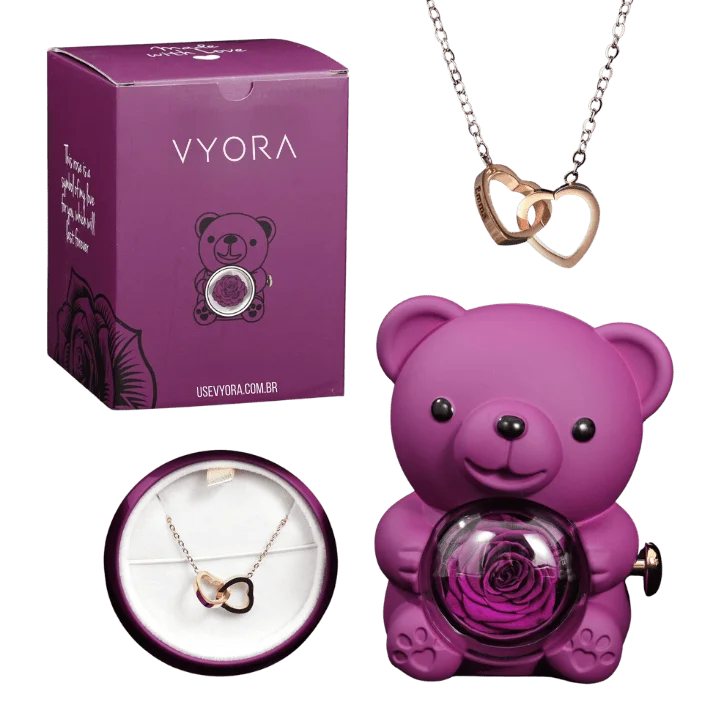 Eternal Rose – Kit Ursinho com Rosa Eterna e Colar Personalizado