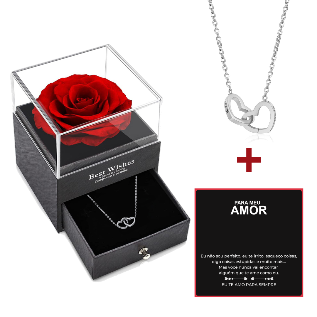 Kit Rosa Eterna com Colar Amor Duplo Personalizado