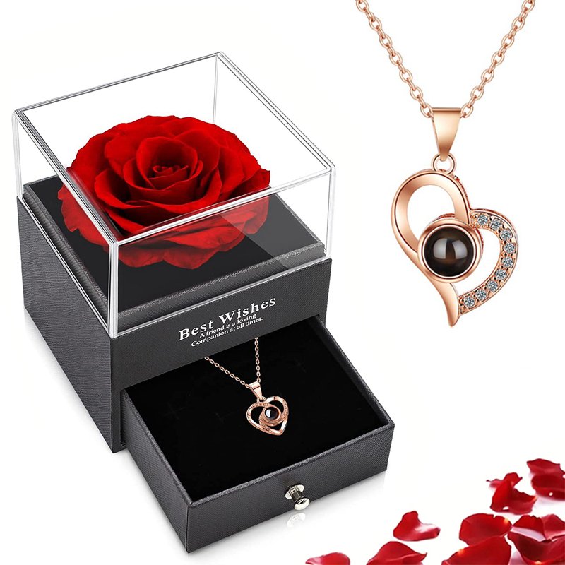 Kit Rosa Eterna com Colar "Eu Te Amo" em 100 Idiomas