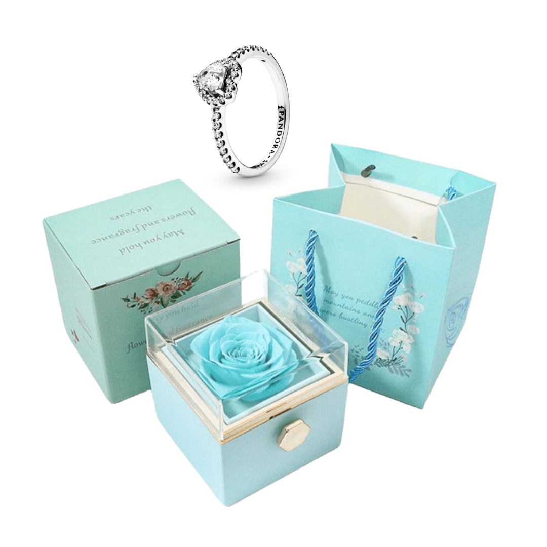Kit Giratório com Rosa Eterna e Colar + Anel Solitário com Pedra