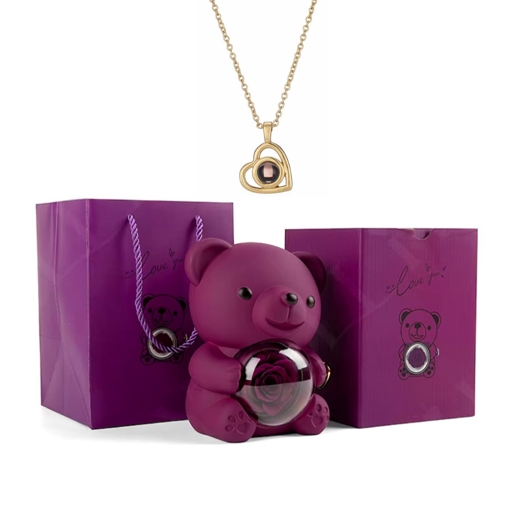 Ursinho Giratório com Rosa Eterna e Colar com Projeção de Foto