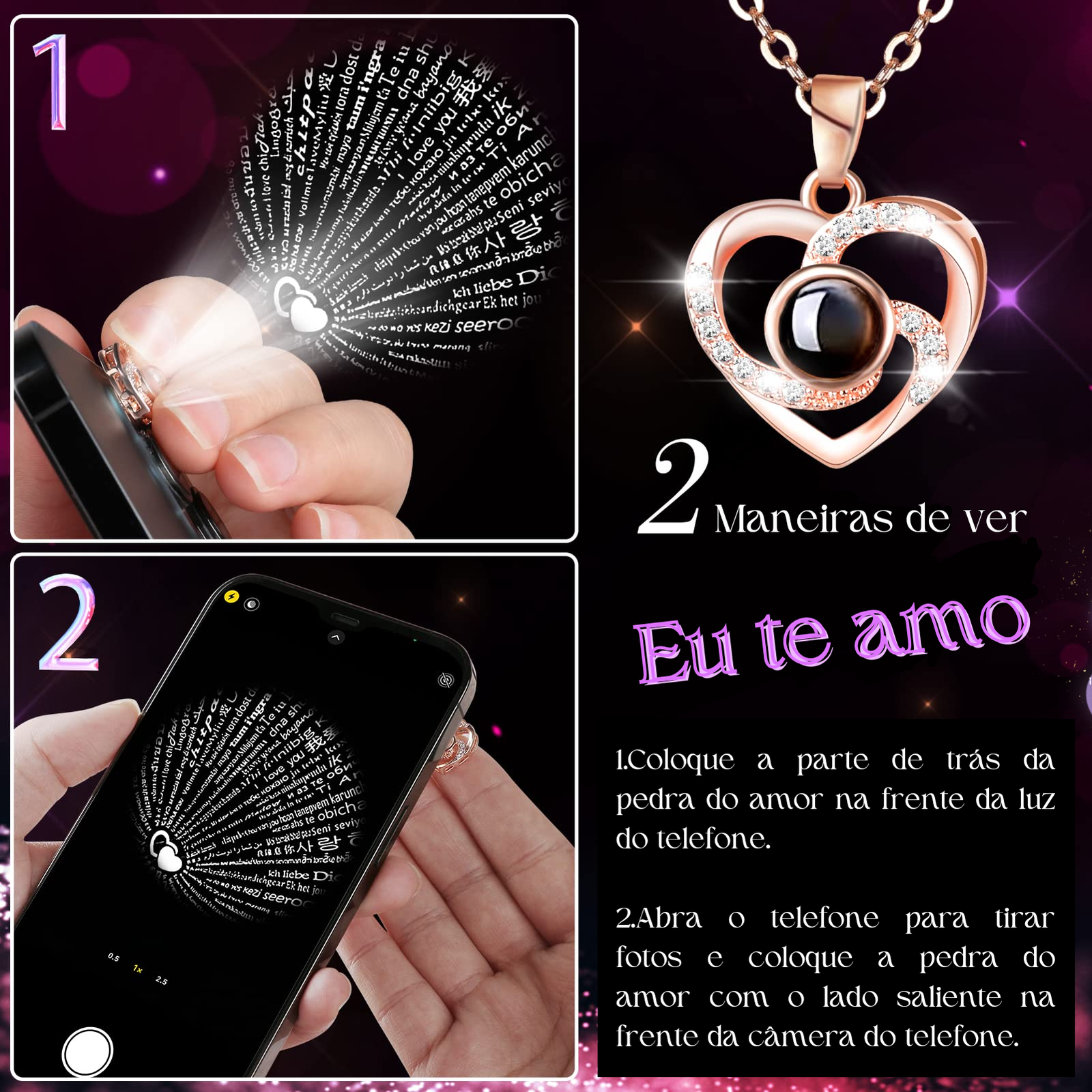 Kit Giratório com Rosa Eterna e Colar "Eu Te Amo" em 100 Idiomas