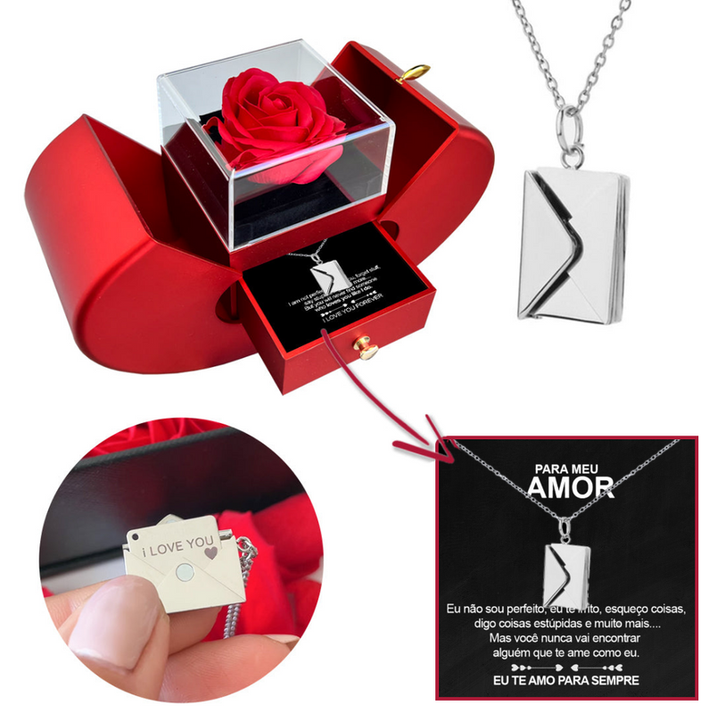 Kit Maçã com Rosa Eterna e Colar Envelope Personalizado