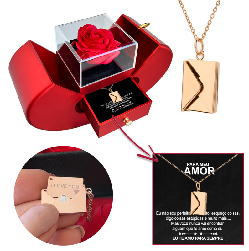 Kit Maçã com Rosa Eterna e Colar Envelope Personalizado