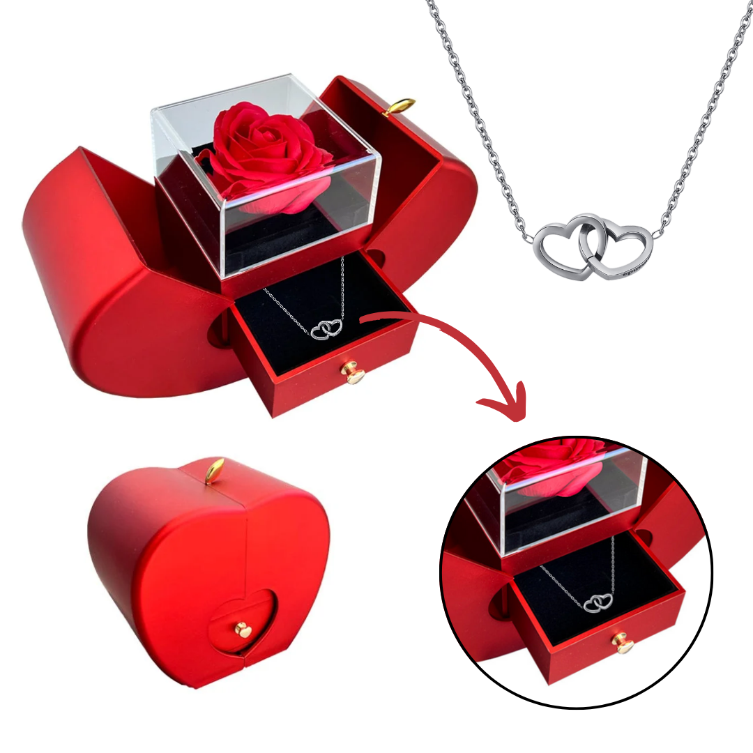 Kit Maçã com Rosa Eterna e Colar Amor Duplo Personalizado