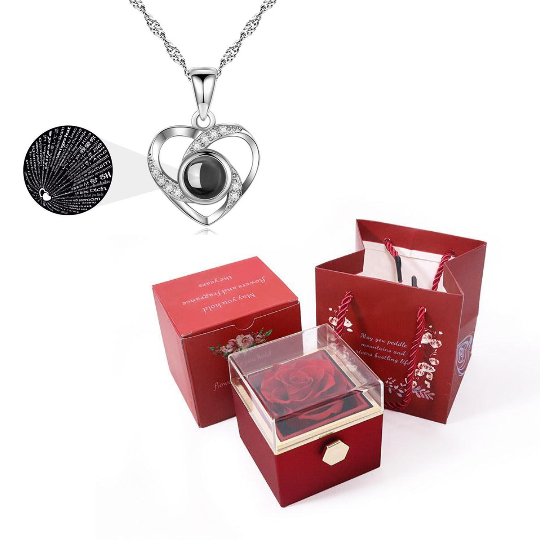 Kit Giratório com Rosa Eterna e Colar "Eu Te Amo" em 100 Idiomas