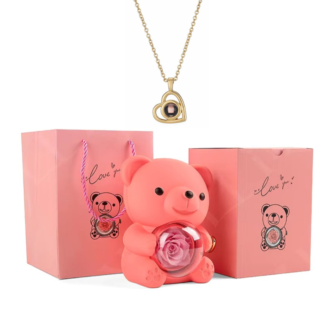 Ursinho Giratório com Rosa Eterna e Colar com Projeção de Foto