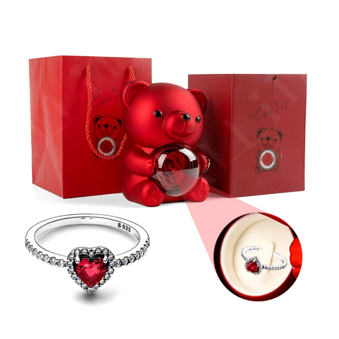 Ursinho Giratório com Rosa Eterna + Anel Solitário com Pedra