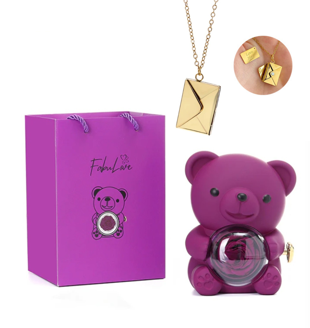 Ursinho Giratório com Rosa Eterna e Colar Envelope Personalizado