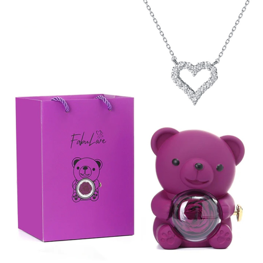 Ursinho Giratório com Rosa Eterna e Colar Coração com Pedras