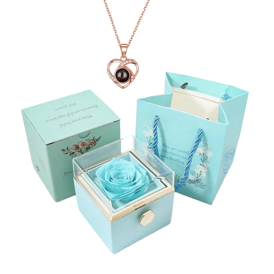 Kit Giratório com Rosa Eterna e Colar "Eu Te Amo" em 100 Idiomas
