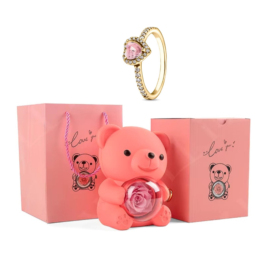 Ursinho Giratório com Rosa Eterna + Anel Solitário com Pedra