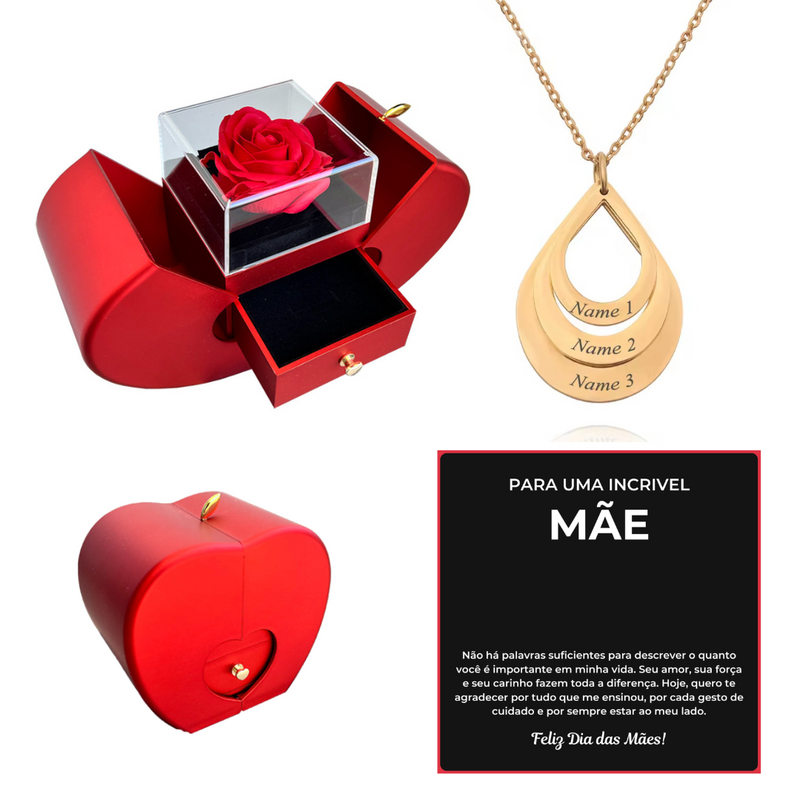 Kit Maçã com Rosa Eterna e Colar Gota Personalizado com Nomes