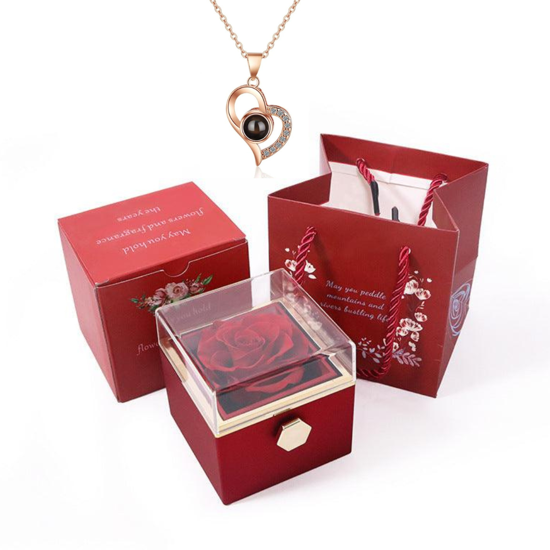 Kit Giratório com Rosa Eterna e Colar "Eu Te Amo" em 100 Idiomas