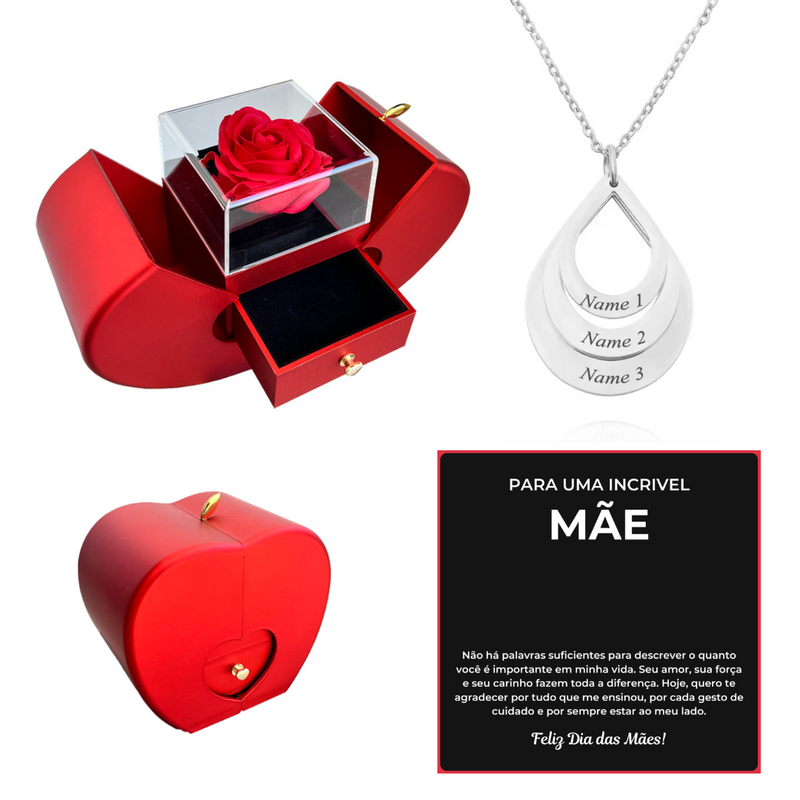 Kit Maçã com Rosa Eterna e Colar Gota Personalizado com Nomes
