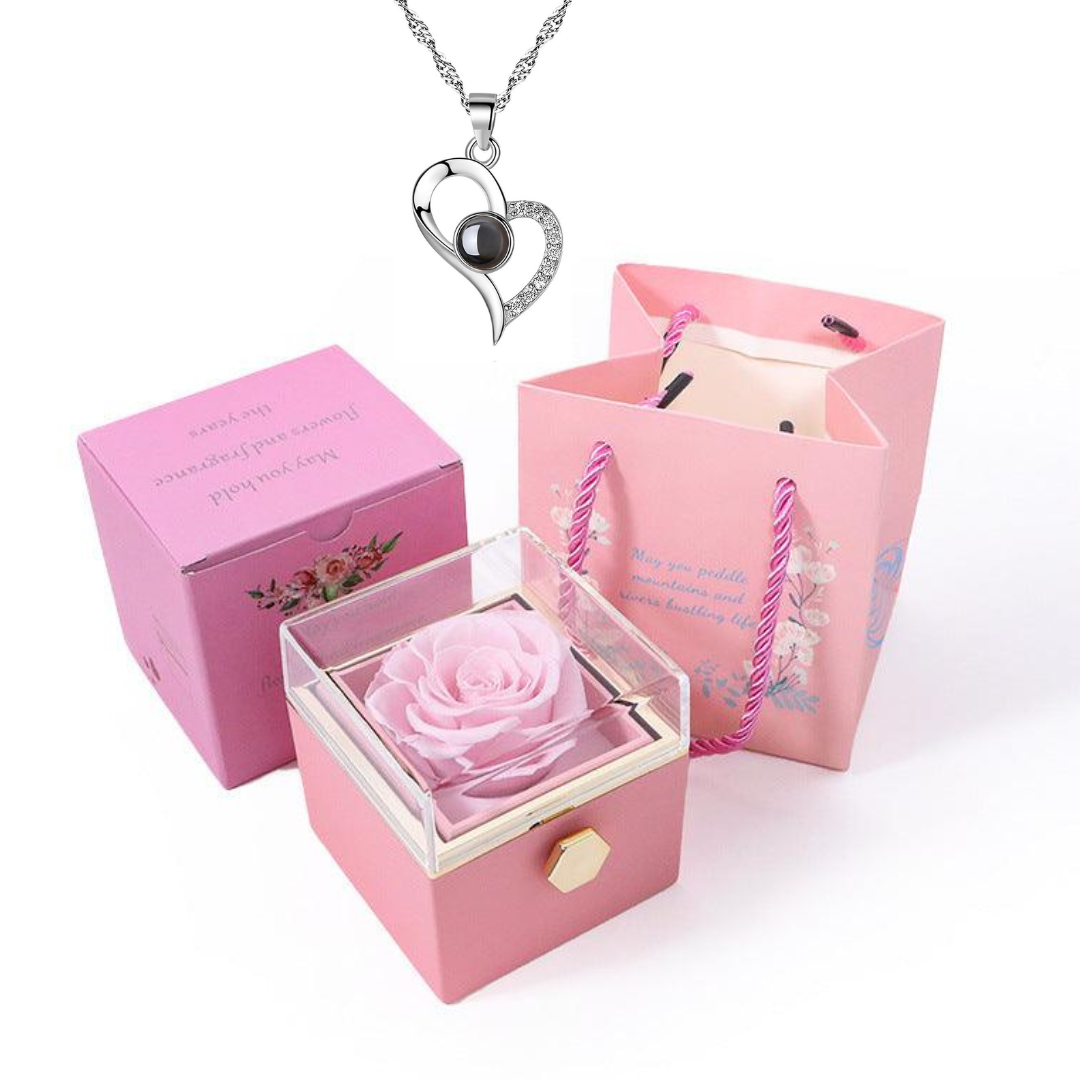 Kit Giratório com Rosa Eterna e Colar "Eu Te Amo" em 100 Idiomas