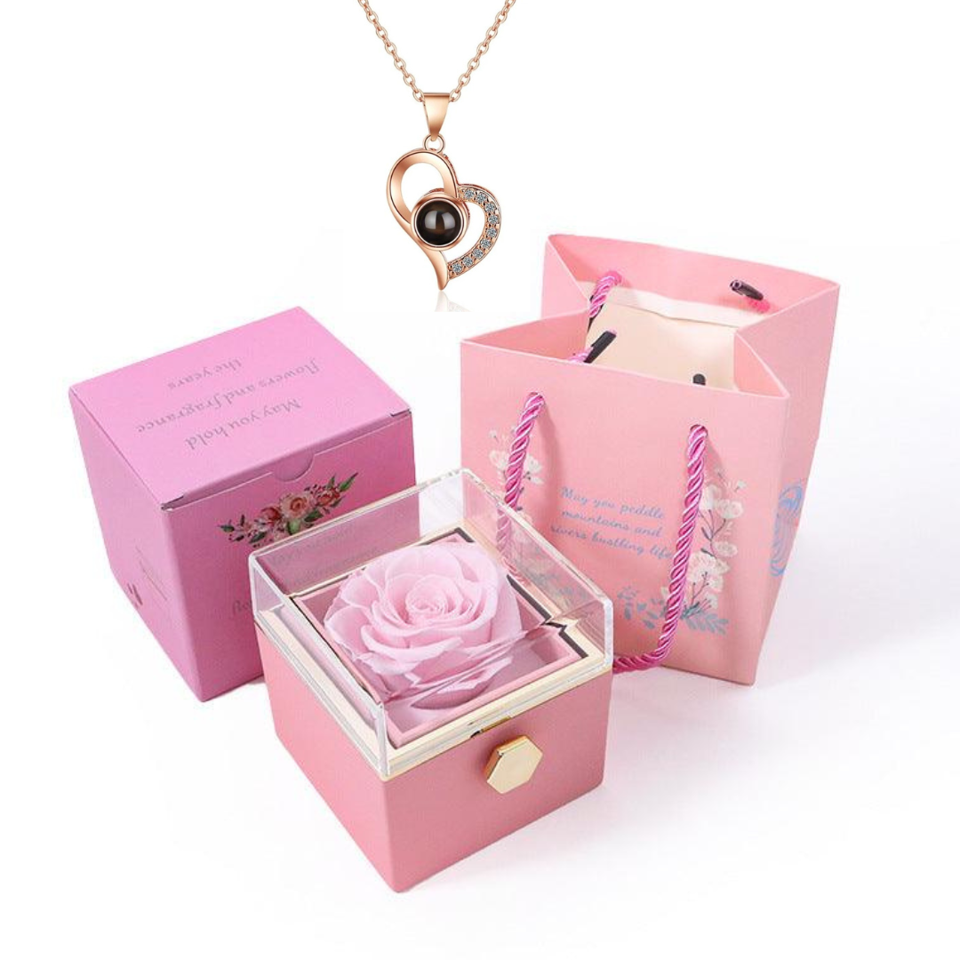 Kit Giratório com Rosa Eterna e Colar "Eu Te Amo" em 100 Idiomas